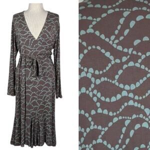 Boden Paris Jersey Faux Wrap Dress Brown Blue 6 LONG V-Neck Tie Sleeve Midi